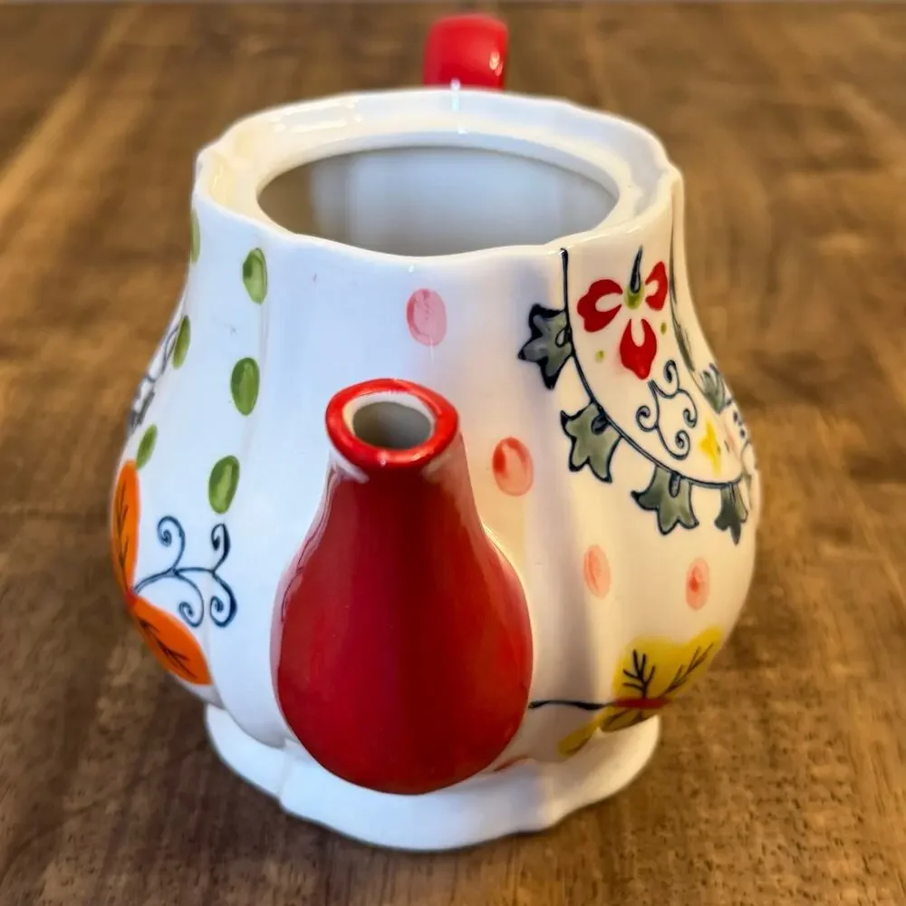 Pier 1 Imports Teapot + Creamer Paisley Flowers Stoneware Handpainted Red White